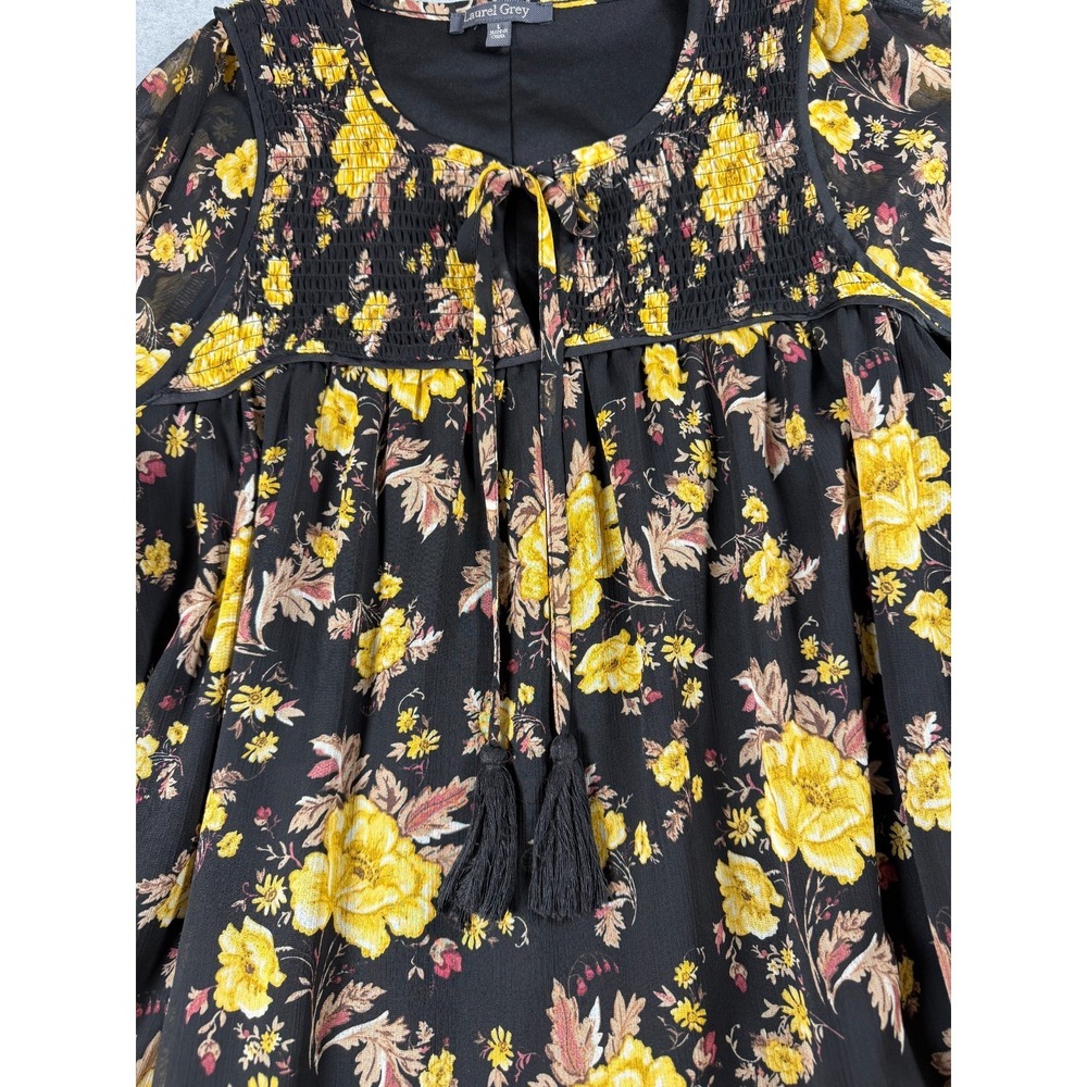 Laurel Grey Dress L Black Floral Dark Romantic Whimsigoth Chiffon Smocked SKU284 - Picture 5 of 7